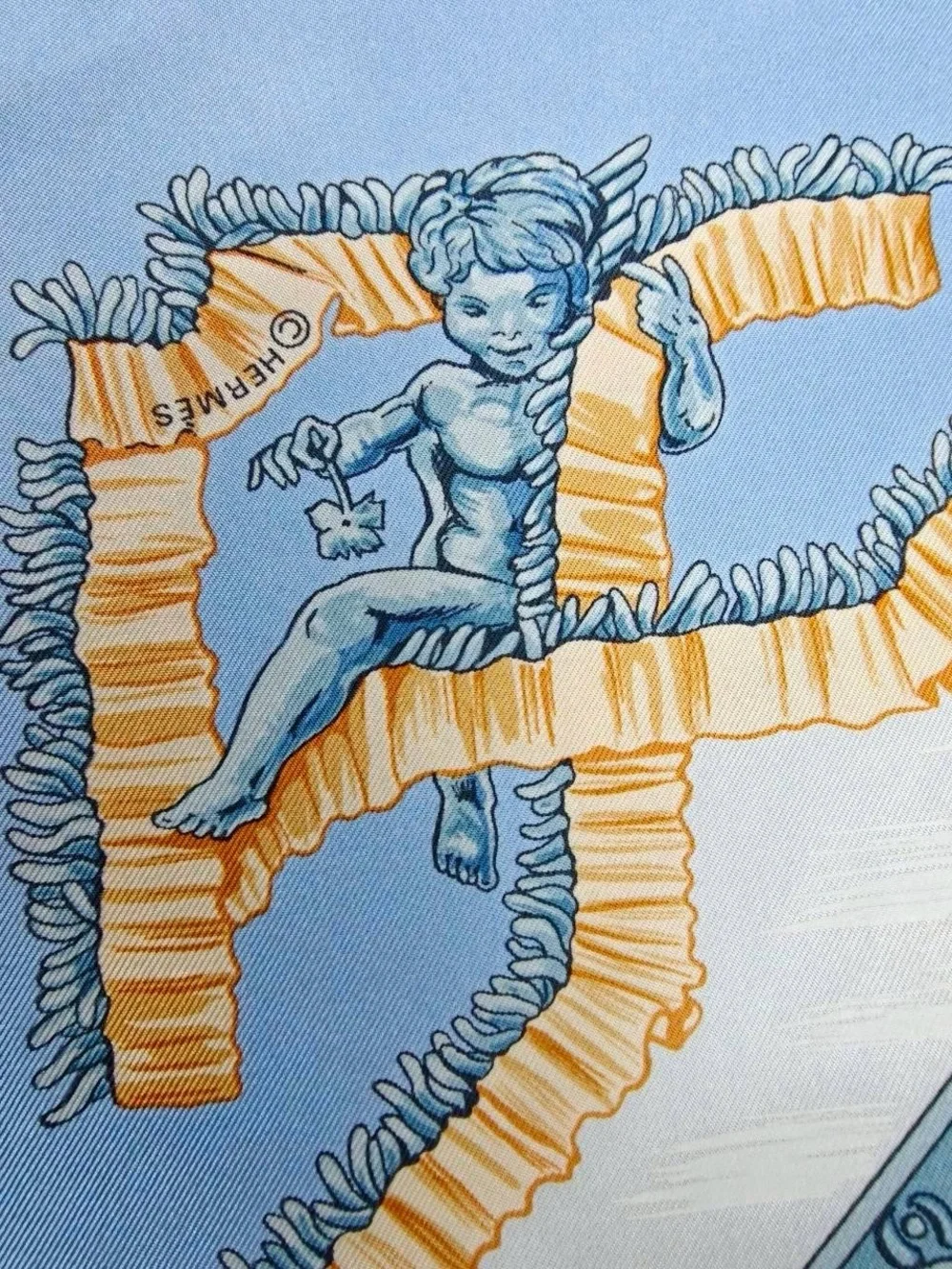 Hermes Blue, Cream and Orange Silk Scarf — Winter Sleigh Tableau